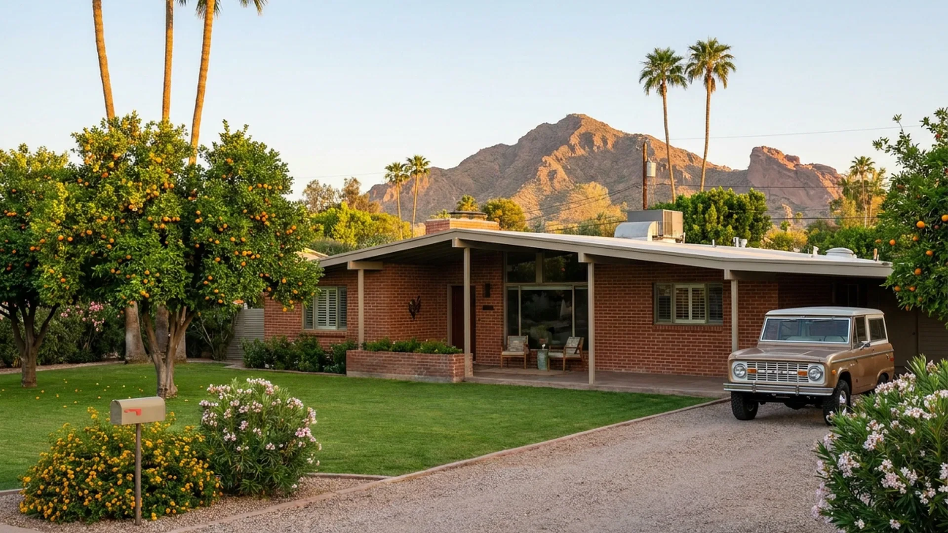 Arcadia Phoenix neighborhood with citrus trees and Camelback Mountain