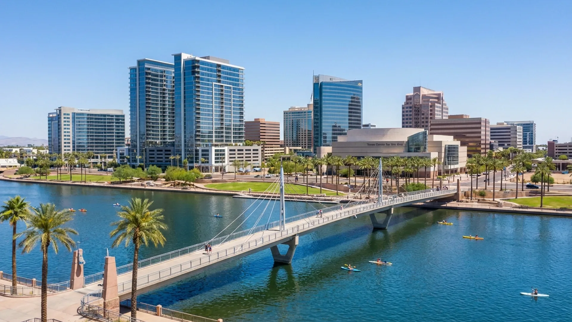 Tempe Town Lake and Sun Devil Stadium skyline
