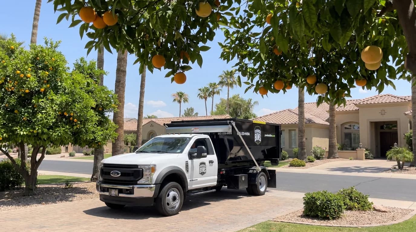 Low profile delivery truck maneuvering under Arcadia citrus tree branches